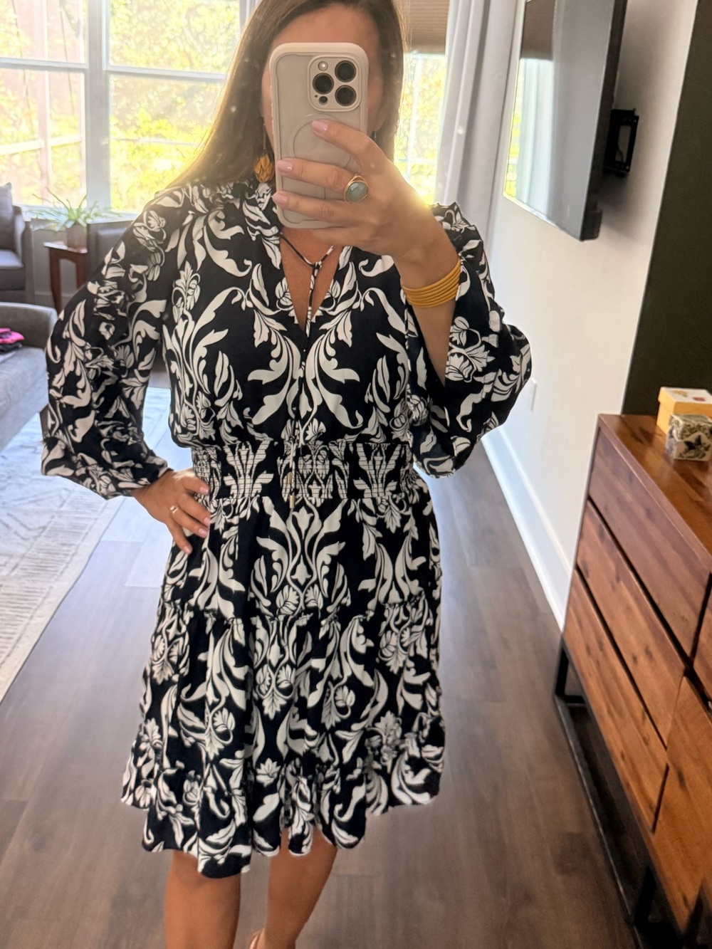 Chico's Navy Blue & White Floral V-Neck Smocked Waist Dress